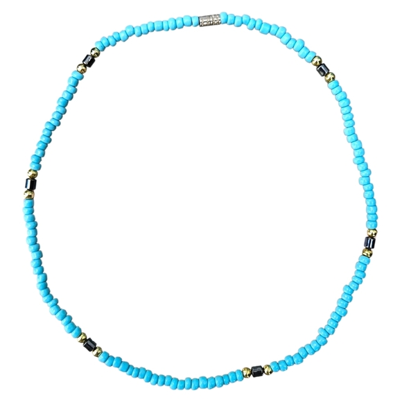 Handmade Beaded Choker Necklace 17" Turquoise Blue Seed Bead Gold Black Boho - Picture 10 of 10